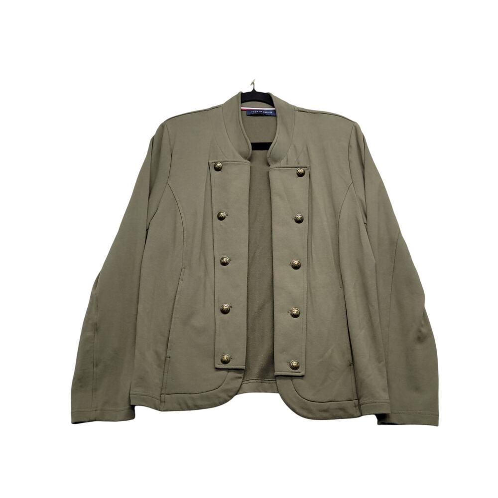 Tommy Hilfiger Womens Military Jacket Olive Green Double Breasted Crest Buttons